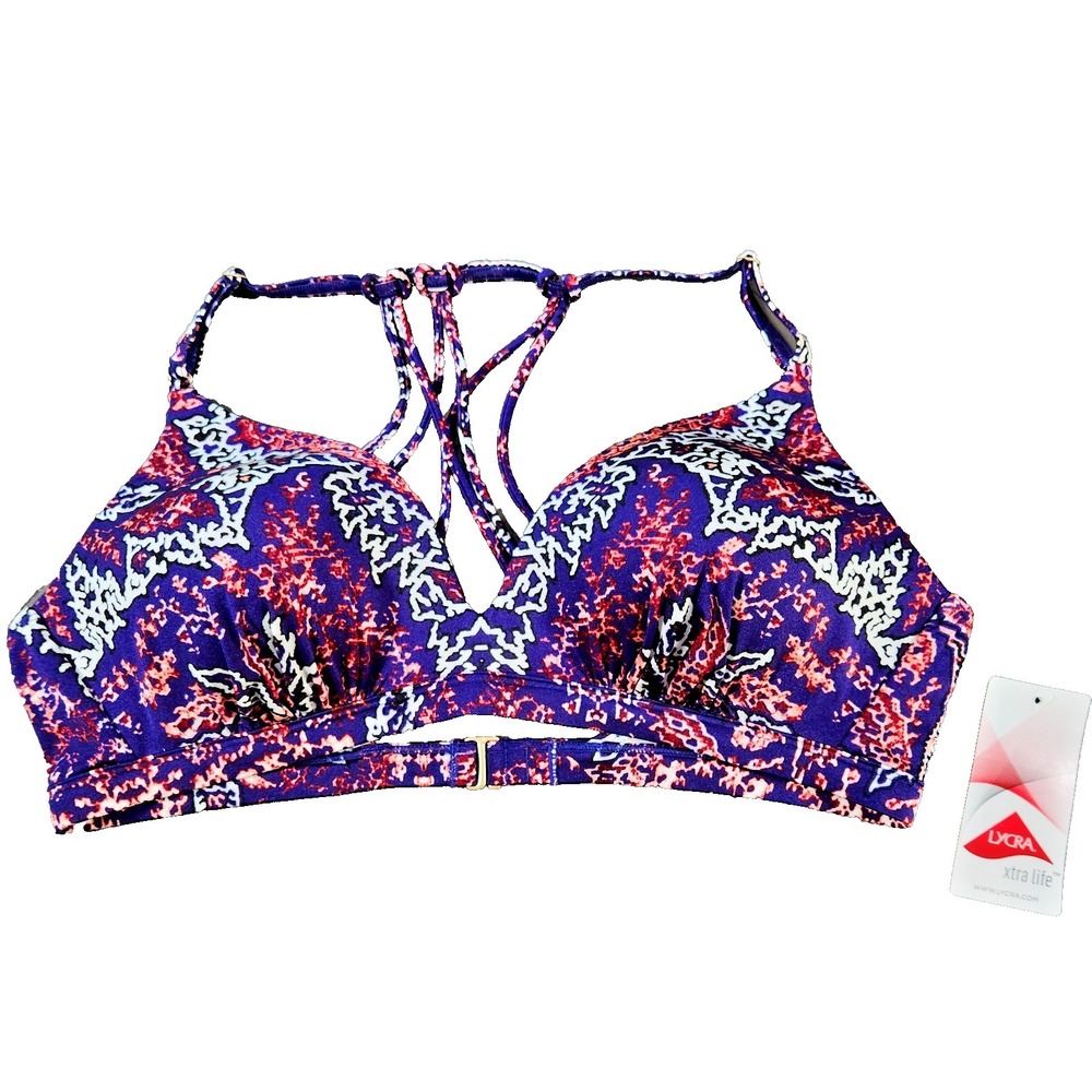 Athleta Womens Purple Pink Abstract Print Multi Strap Bikini Swim Top Large
